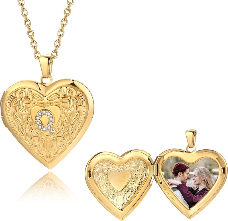 Badu Gold Initial A-Z Necklace for Women Heart Photo Lockets that Hold Picture Love Image Cubic Zirconia Necklace - Image 2